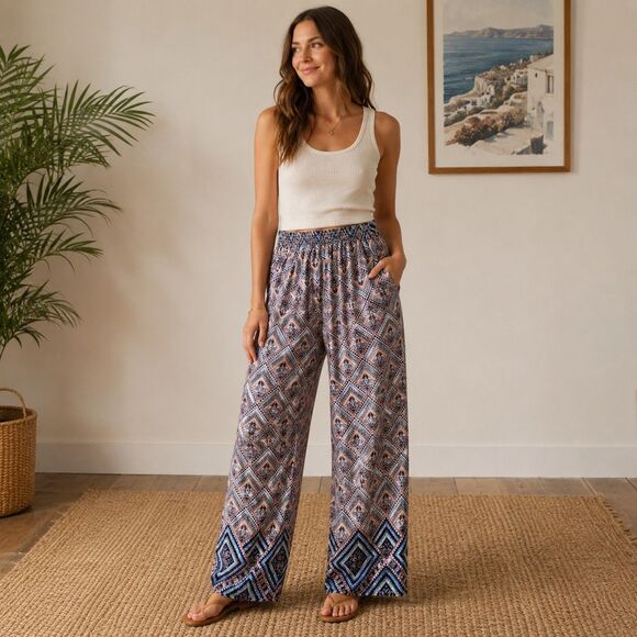 ShoSho Pants - Womens Straight Leg Blue Boho Colorful Geometric Pants Lightweight Festival SZ M